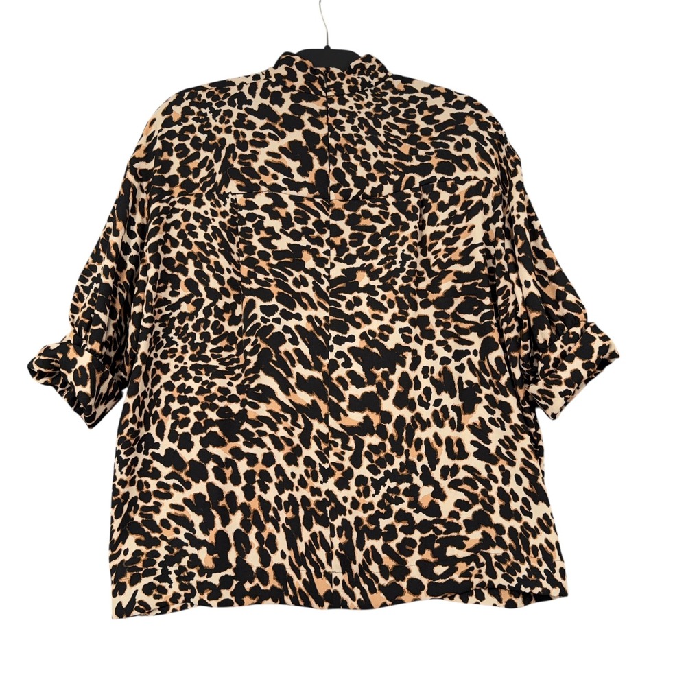 Zara Woman‎ Leopard Print Mock Neck Blouse Short Sleeve Tan Black XS Oversized